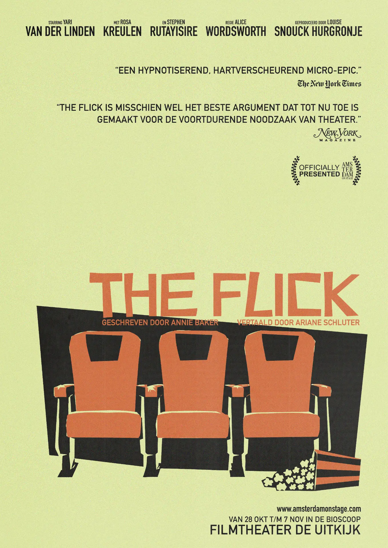 The Flick — poster met drie rode bioscoopstoelen en popcorn