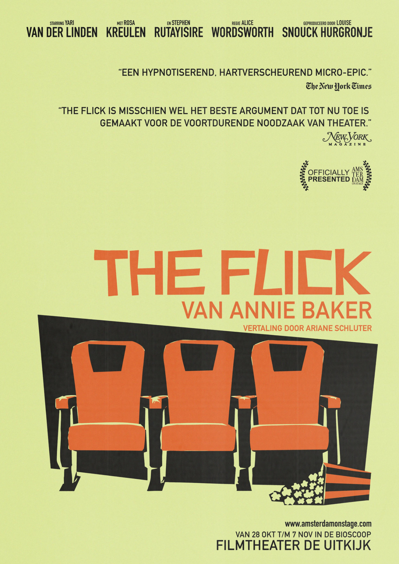 The Flick — poster met drie rode bioscoopstoelen en popcorn